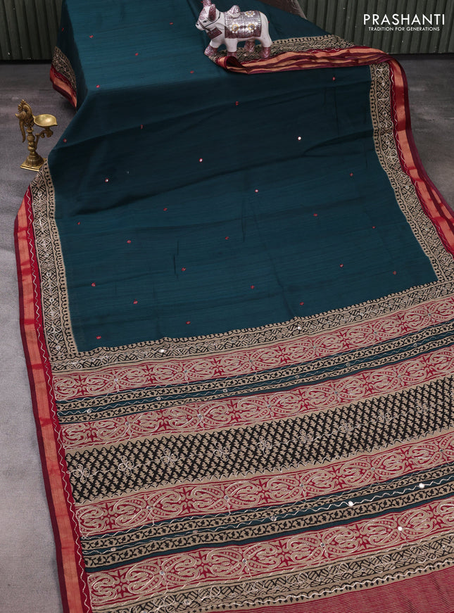 Maheshwari cotton saree peacock green and beige maroon with mirror embroidery work and zari woven embroidery border