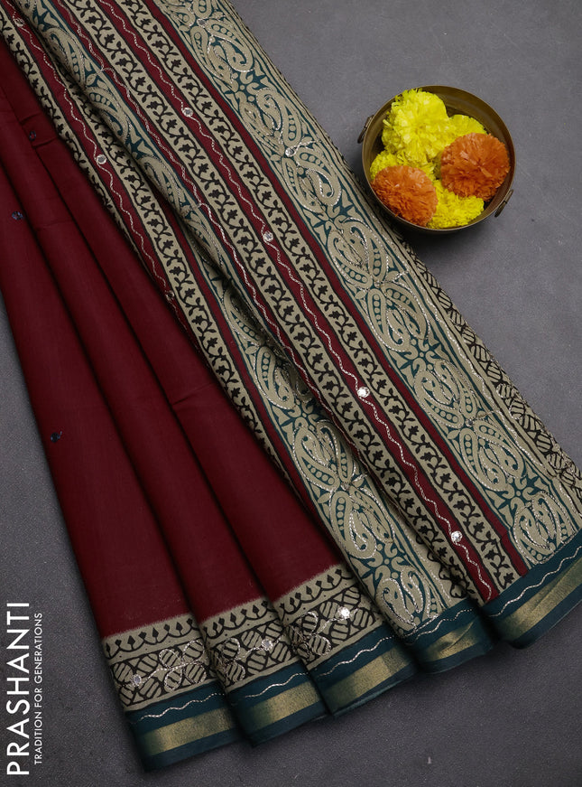 Maheshwari cotton saree maroon and beige green with mirror embroidery work and zari woven embroidery border