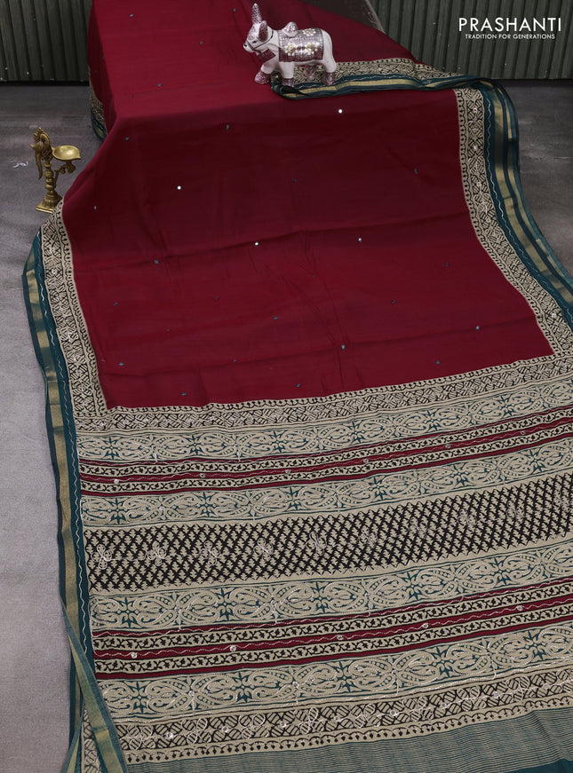 Maheshwari cotton saree maroon and beige green with mirror embroidery work and zari woven embroidery border