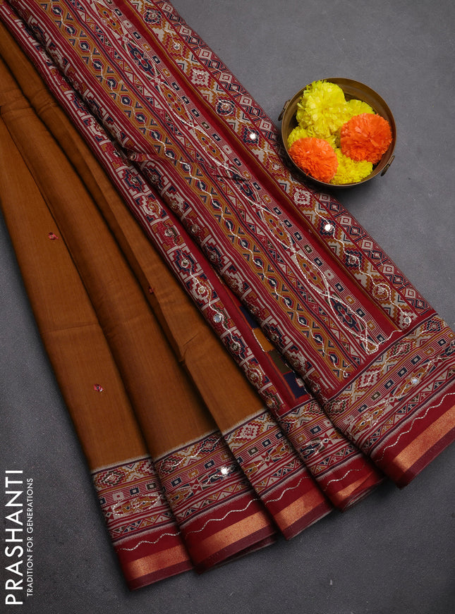 Maheshwari cotton saree dark mustard and maroon with mirror embroidery work and zari woven embroidery border