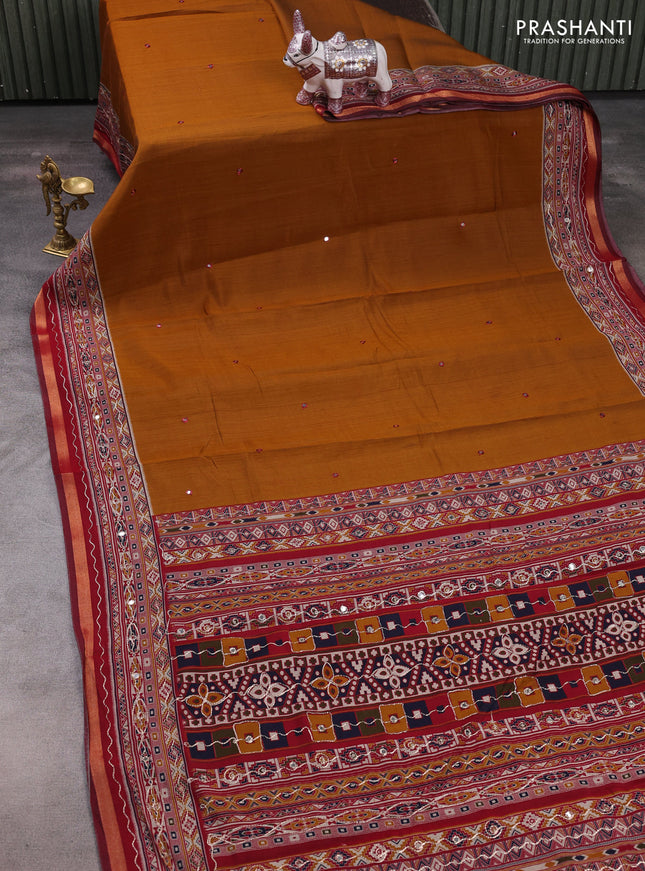 Maheshwari cotton saree dark mustard and maroon with mirror embroidery work and zari woven embroidery border