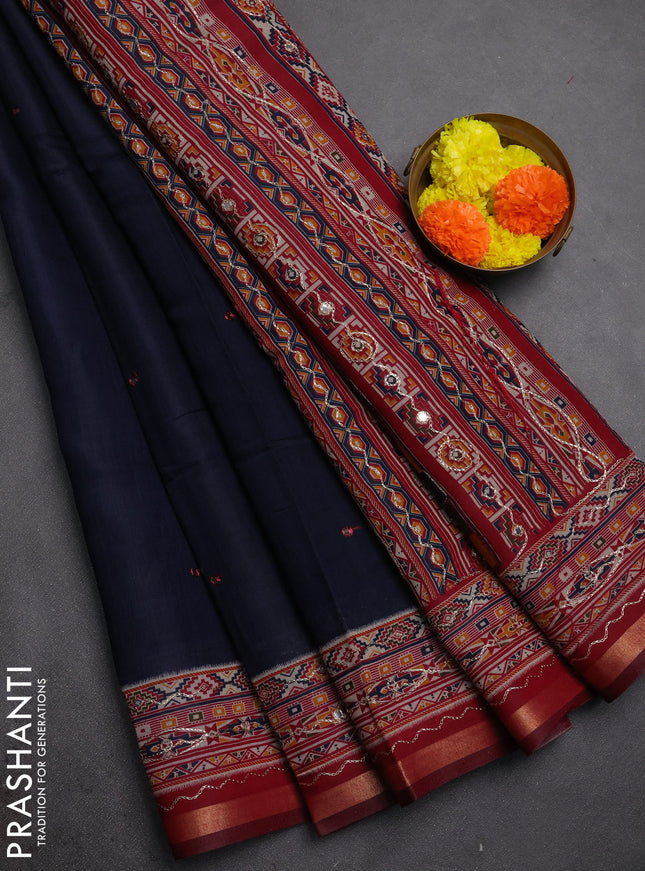 Maheshwari cotton saree navy blue and maroon with mirror embroidery work and zari woven embroidery border