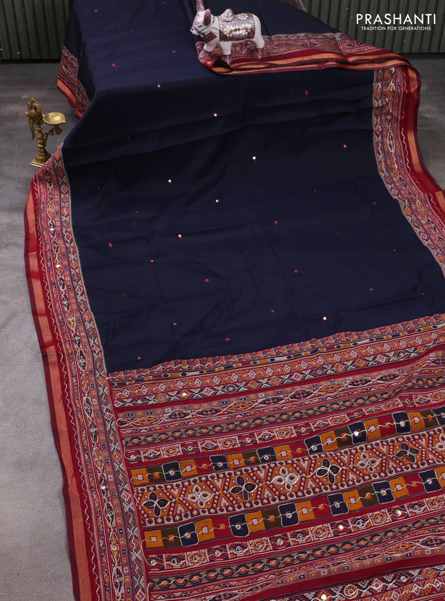 Maheshwari cotton saree navy blue and maroon with mirror embroidery work and zari woven embroidery border