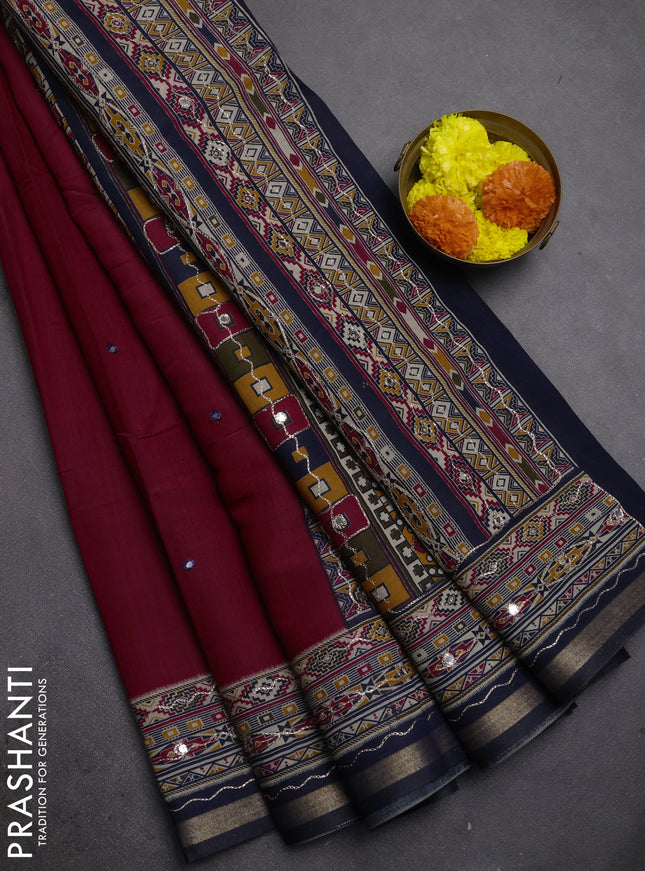 Maheshwari cotton saree magenta pink and navy blue with mirror embroidery work and zari woven embroidery border