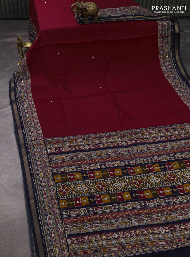 Maheshwari cotton saree magenta pink and navy blue with mirror embroidery work and zari woven embroidery border