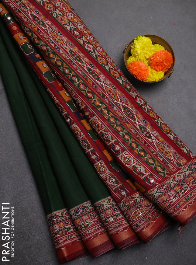 Maheshwari cotton saree sap green and maroon with mirror embroidery work and zari woven embroidery border
