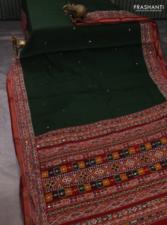 Maheshwari cotton saree sap green and maroon with mirror embroidery work and zari woven embroidery border