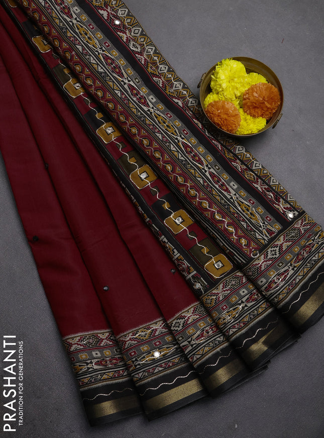 Maheshwari cotton saree maroon and black with mirror embroidery work and zari woven embroidery border