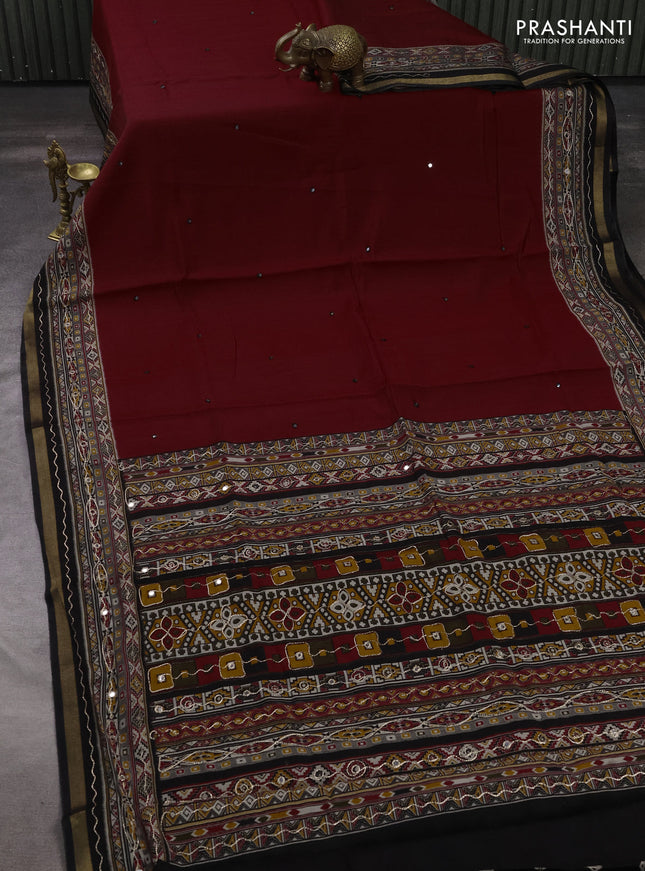 Maheshwari cotton saree maroon and black with mirror embroidery work and zari woven embroidery border
