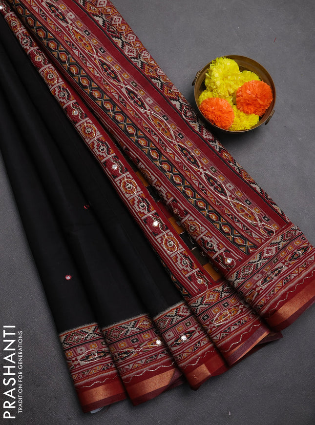 Maheshwari cotton saree black and maroon with mirror embroidery work and zari woven embroidery border