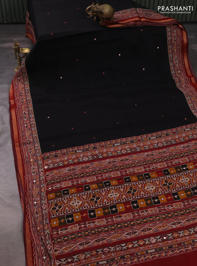Maheshwari cotton saree black and maroon with mirror embroidery work and zari woven embroidery border