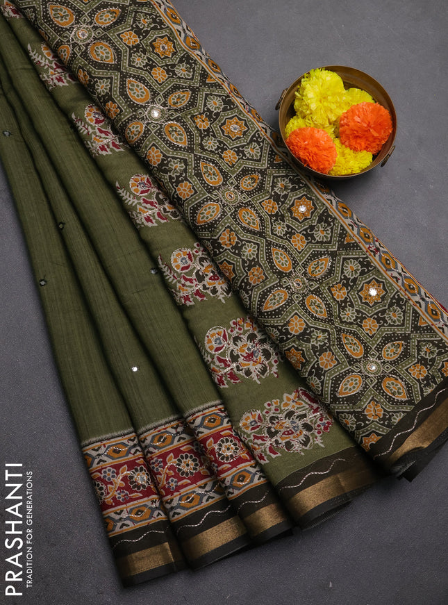Maheshwari cotton saree sap green and maroon olive green with mirror embroidery work and zari woven embroidery border