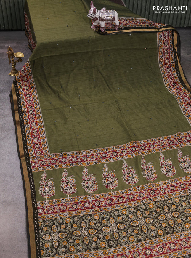 Maheshwari cotton saree sap green and maroon olive green with mirror embroidery work and zari woven embroidery border