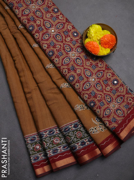 Maheshwari cotton saree dark mustard and sap green maroon with mirror embroidery work and zari woven embroidery border