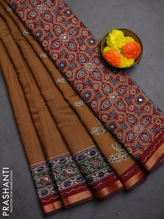 Maheshwari cotton saree dark mustard and sap green maroon with mirror embroidery work and zari woven embroidery border
