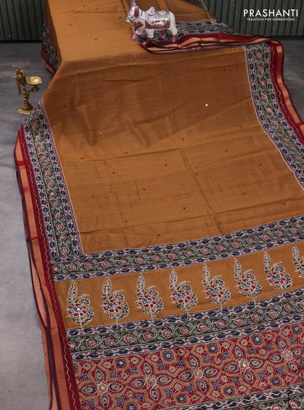 Maheshwari cotton saree dark mustard and sap green maroon with mirror embroidery work and zari woven embroidery border