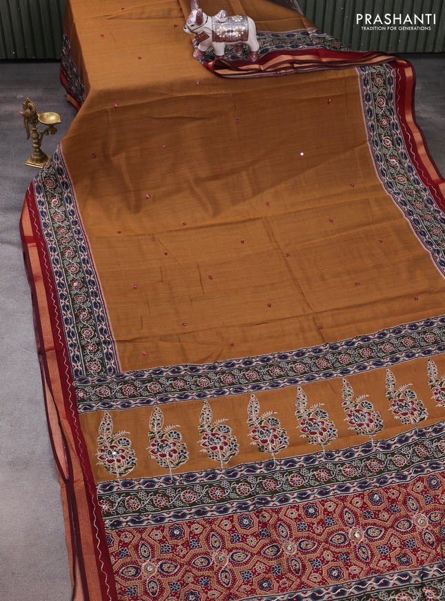Maheshwari cotton saree dark mustard and sap green maroon with mirror embroidery work and zari woven embroidery border