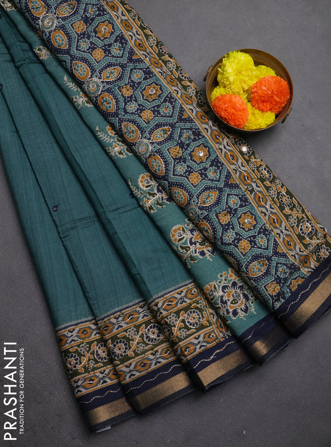 Maheshwari cotton saree teal shade and navy blue with mirror embroidery work and zari woven embroidery border