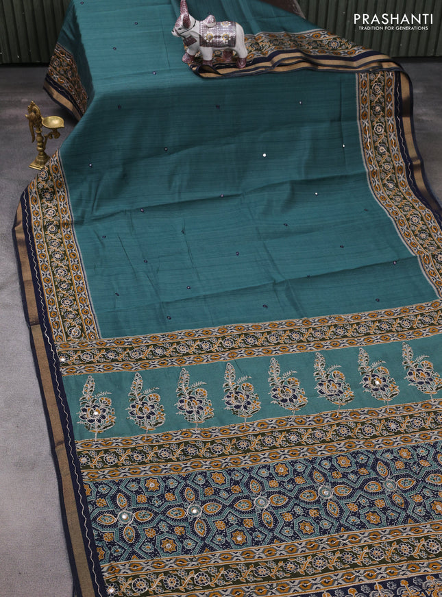 Maheshwari cotton saree teal shade and navy blue with mirror embroidery work and zari woven embroidery border