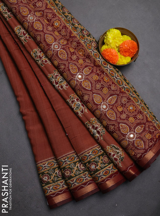 Maheshwari cotton saree pastel maroon and maroon with mirror embroidery work and zari woven embroidery border