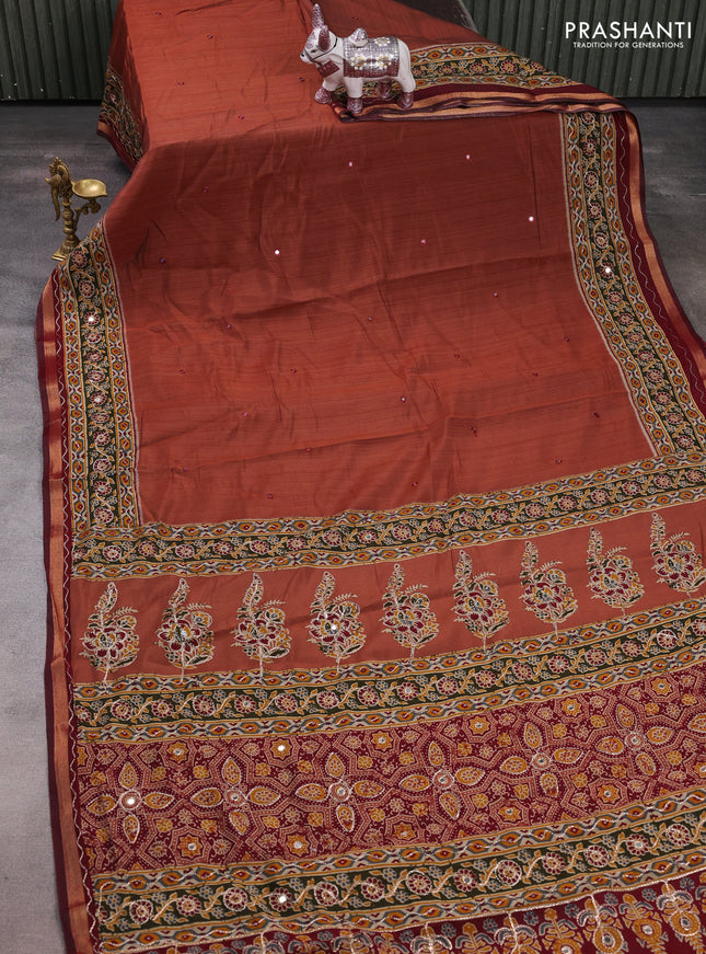 Maheshwari cotton saree pastel maroon and maroon with mirror embroidery work and zari woven embroidery border