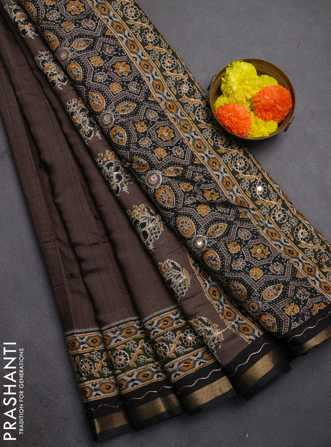 Maheshwari cotton saree brown shade and black with mirror embroidery work and zari woven embroidery border