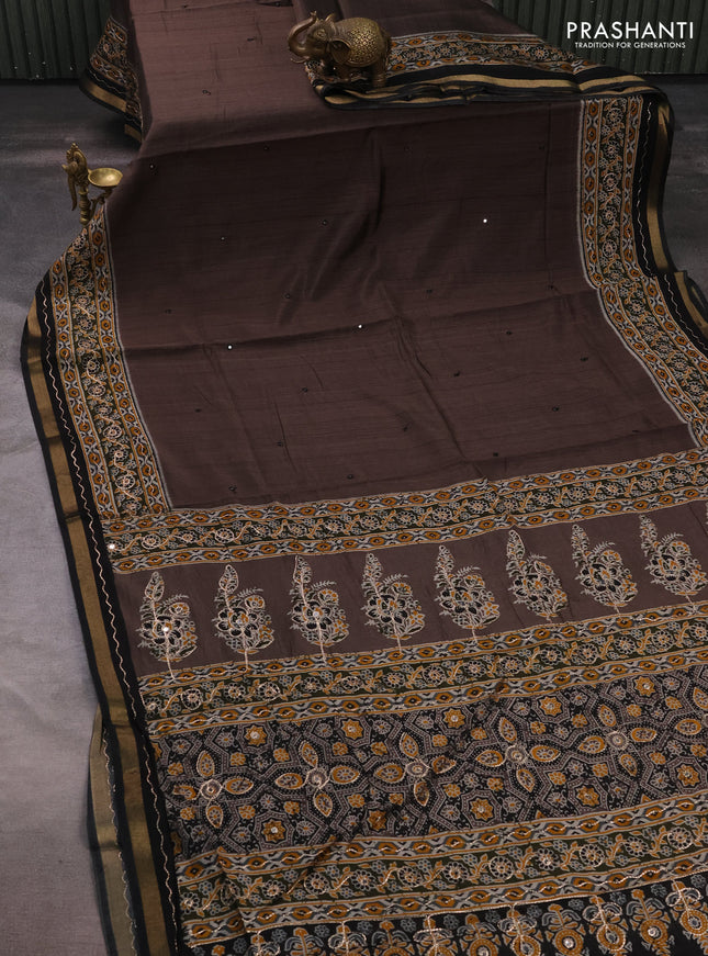 Maheshwari cotton saree brown shade and black with mirror embroidery work and zari woven embroidery border