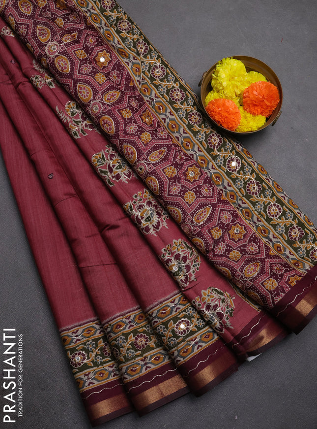 Maheshwari cotton saree mauve pink and wine shade with mirror embroidery work and zari woven embroidery border
