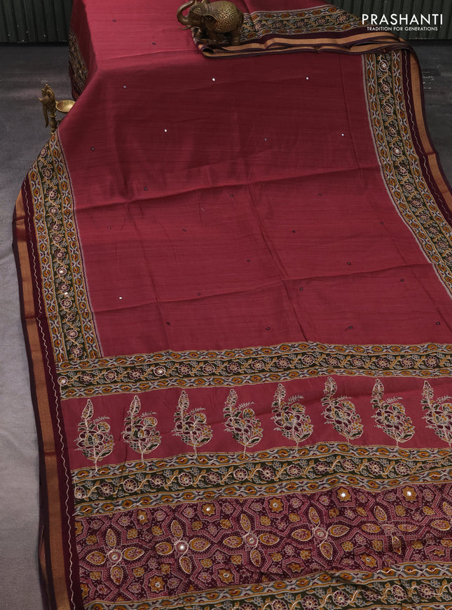 Maheshwari cotton saree mauve pink and wine shade with mirror embroidery work and zari woven embroidery border