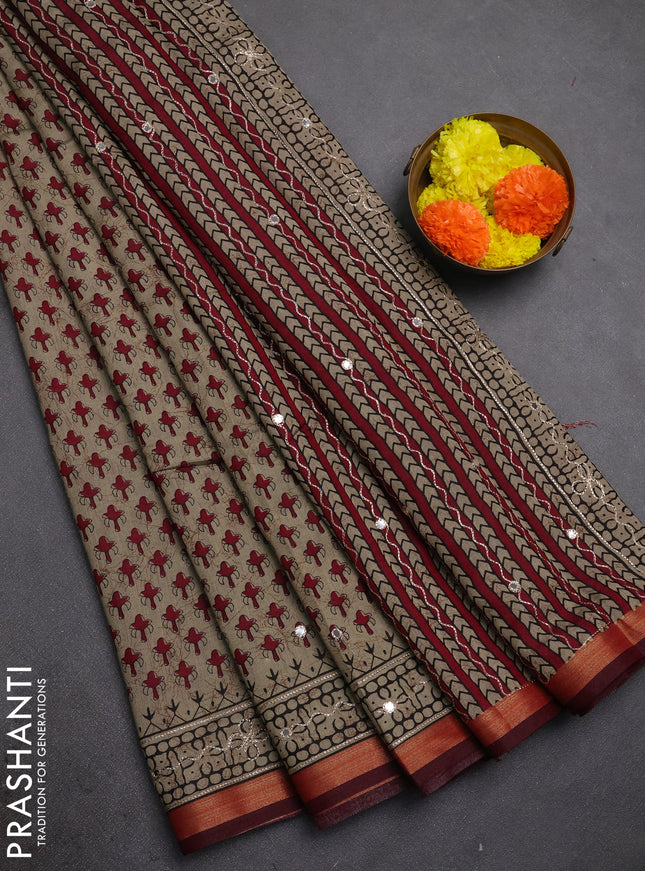 Maheshwari cotton saree beige and maroon with allover butta prints & mirror work and zari woven embroidery border
