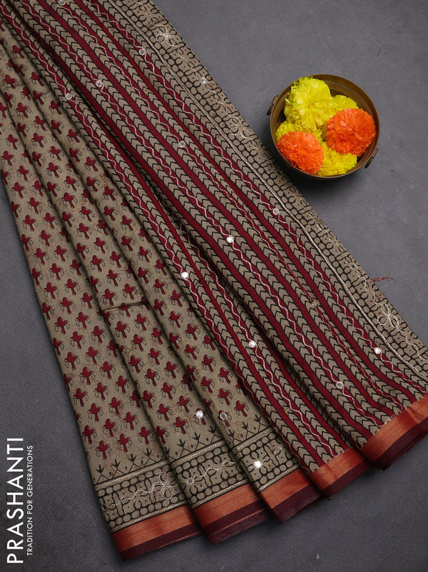 Maheshwari cotton saree beige and maroon with allover butta prints & mirror work and zari woven embroidery border