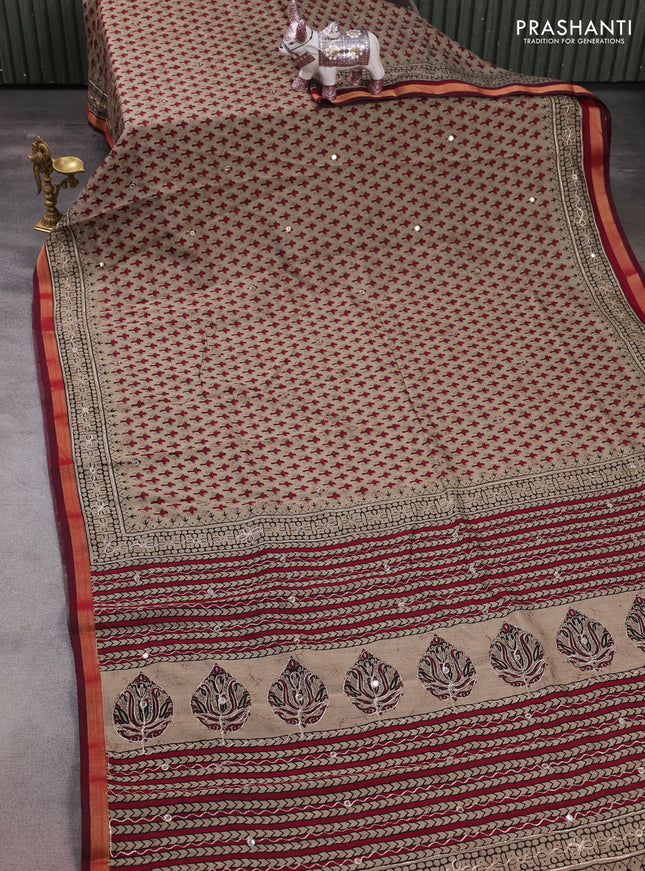 Maheshwari cotton saree beige and maroon with allover butta prints & mirror work and zari woven embroidery border
