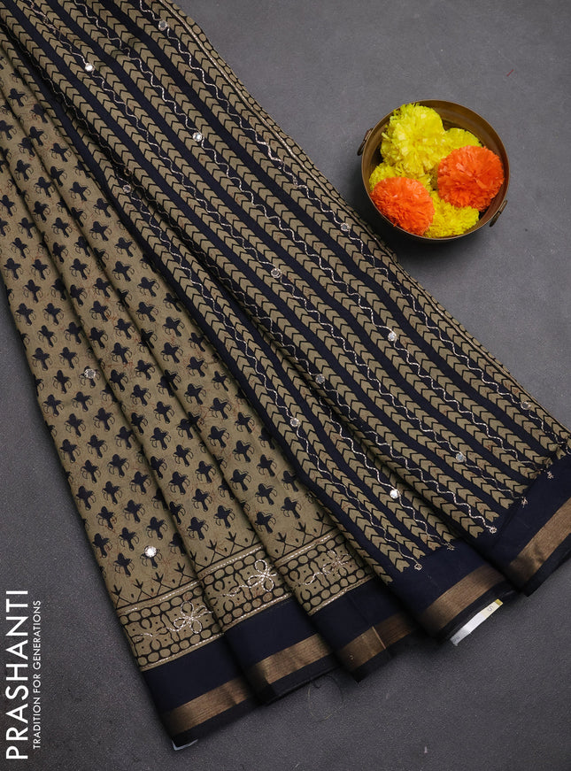 Maheshwari cotton saree beige and navy blue with allover butta prints & mirror work and zari woven embroidery border