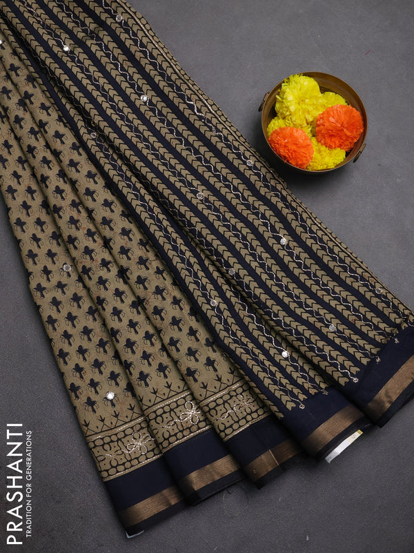 Maheshwari cotton saree beige and navy blue with allover butta prints & mirror work and zari woven embroidery border