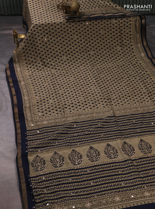 Maheshwari cotton saree beige and navy blue with allover butta prints & mirror work and zari woven embroidery border