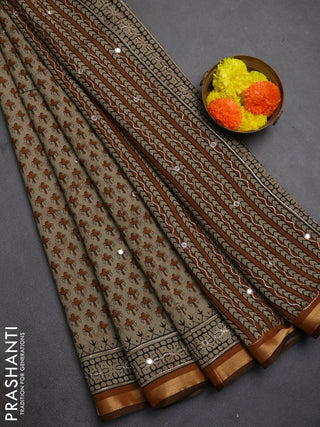 Maheshwari cotton saree beige and dark mustard with allover butta prints & mirror work and zari woven embroidery border
