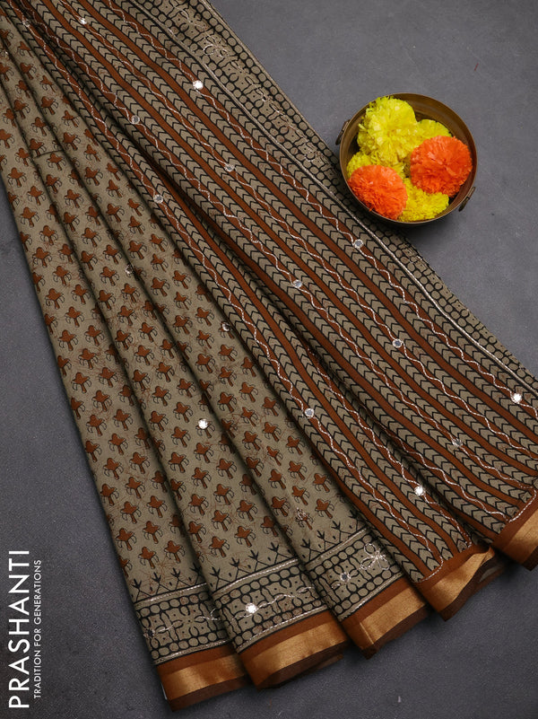 Maheshwari cotton saree beige and dark mustard with allover butta prints & mirror work and zari woven embroidery border