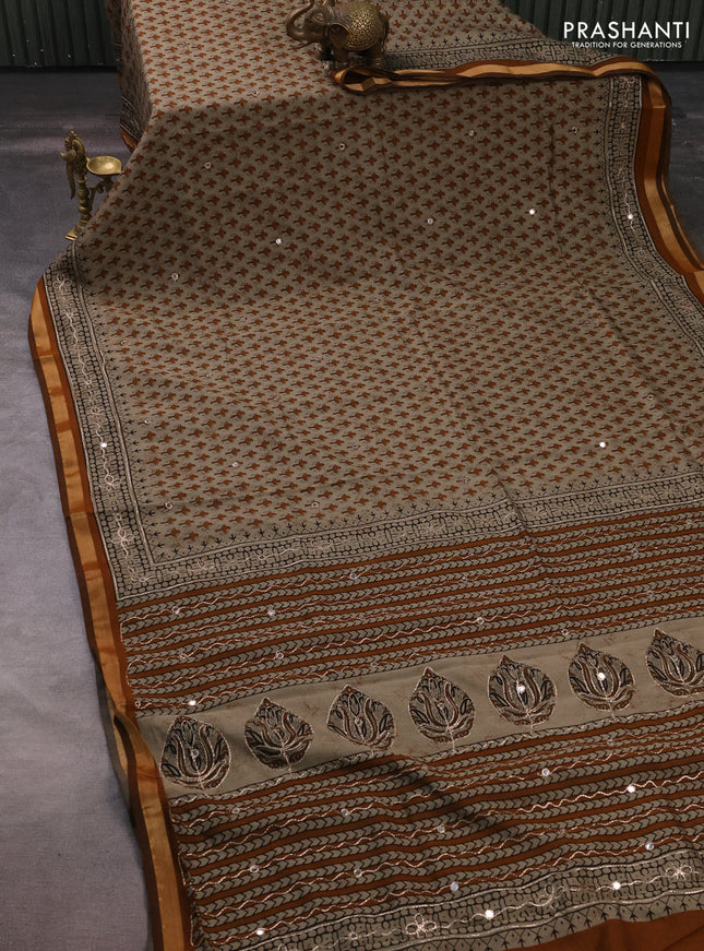 Maheshwari cotton saree beige and dark mustard with allover butta prints & mirror work and zari woven embroidery border
