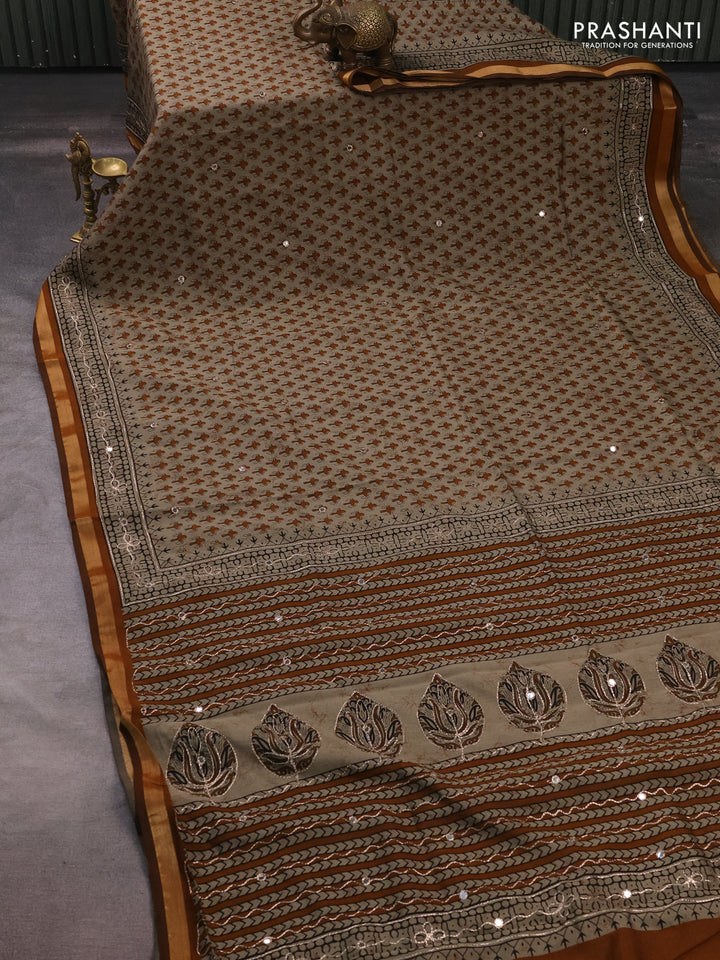 Maheshwari cotton saree beige and dark mustard with allover butta prints & mirror work and zari woven embroidery border