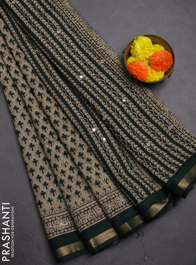 Maheshwari cotton saree beige and green with allover butta prints & mirror work and zari woven embroidery border