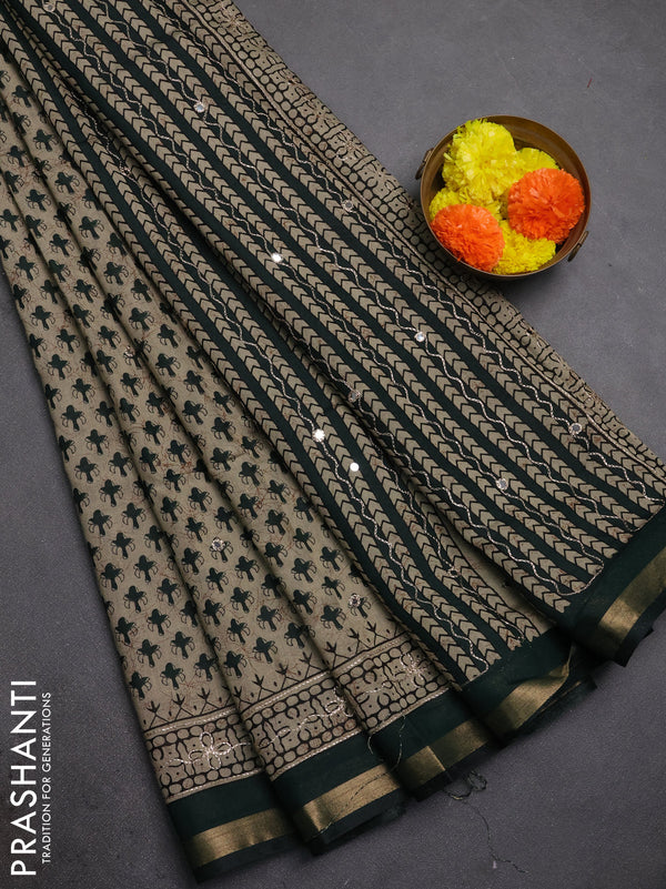 Maheshwari cotton saree beige and green with allover butta prints & mirror work and zari woven embroidery border