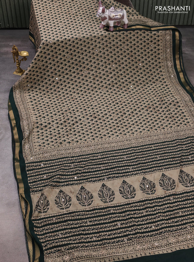 Maheshwari cotton saree beige and green with allover butta prints & mirror work and zari woven embroidery border