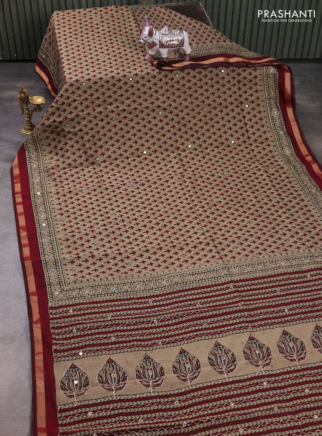 Maheshwari cotton saree beige and dark maroon with allover butta prints & mirror work and zari woven embroidery border