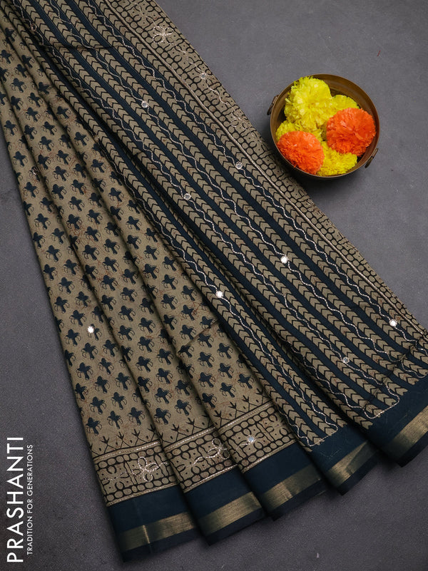 Maheshwari cotton saree beige and peacock green with allover butta prints & mirror work and zari woven embroidery border