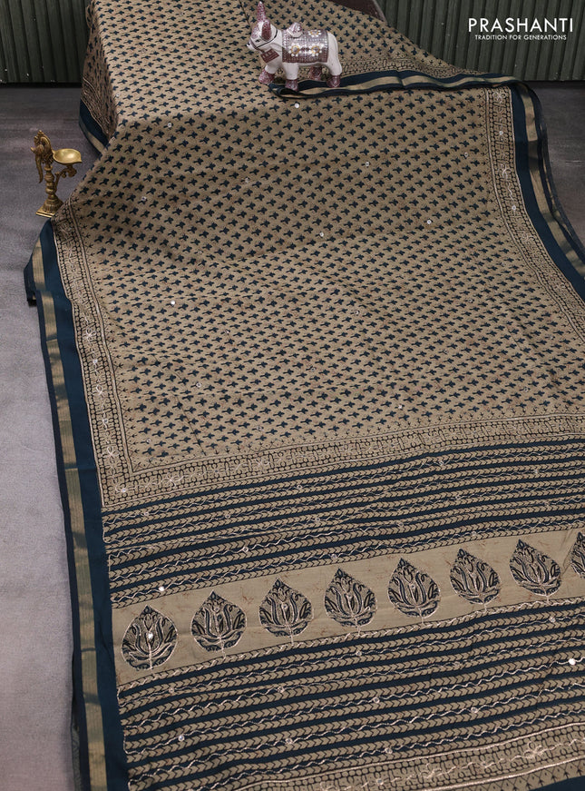 Maheshwari cotton saree beige and peacock green with allover butta prints & mirror work and zari woven embroidery border