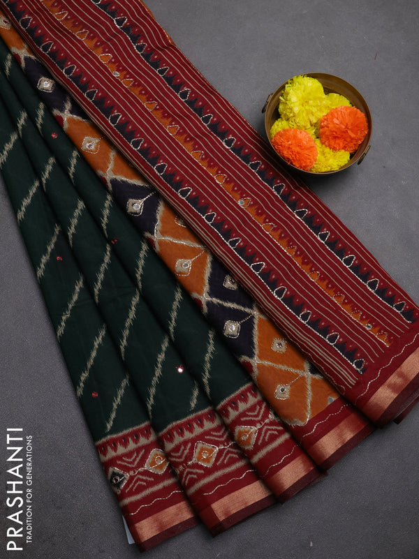 Maheshwari cotton saree bottle green and maroon with ikat prints & mirror work and zari woven embroidery border