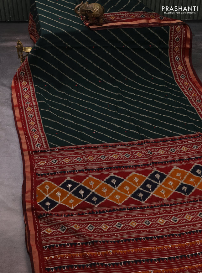 Maheshwari cotton saree bottle green and maroon with ikat prints & mirror work and zari woven embroidery border