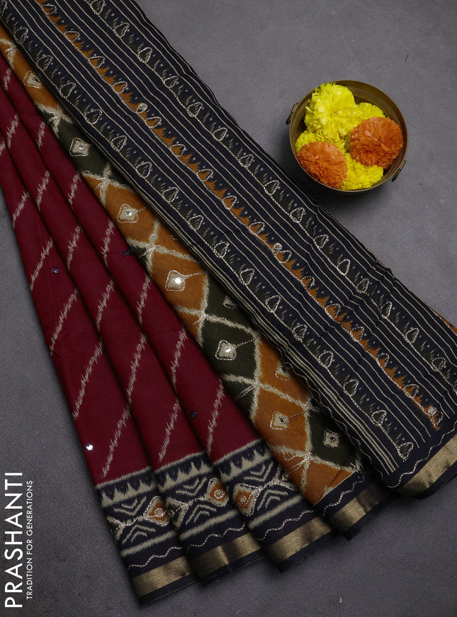 Maheshwari cotton saree maroon and navy blue with ikat prints & mirror work and zari woven embroidery border