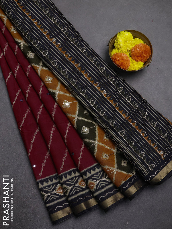 Maheshwari cotton saree maroon and navy blue with ikat prints & mirror work and zari woven embroidery border