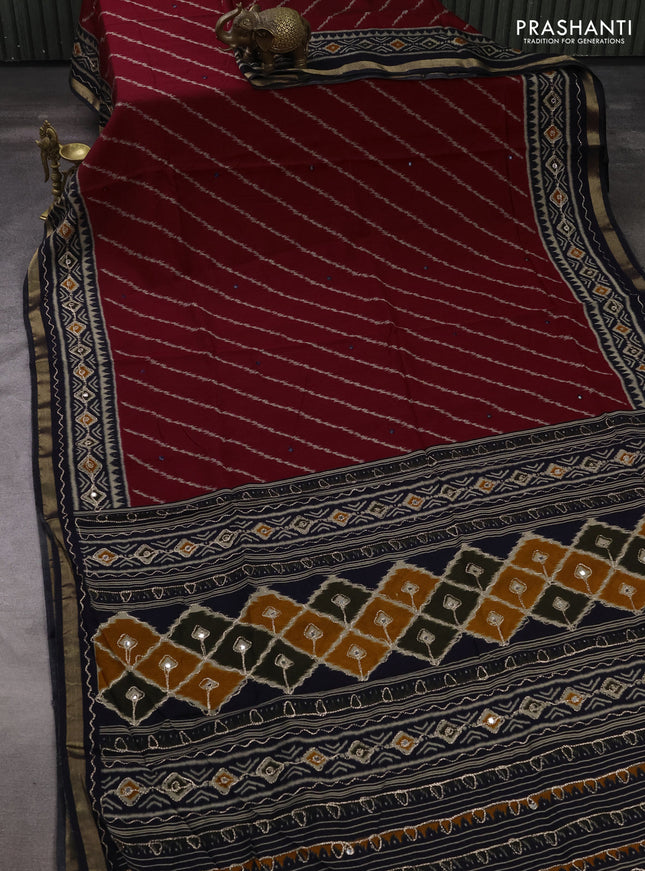 Maheshwari cotton saree maroon and navy blue with ikat prints & mirror work and zari woven embroidery border